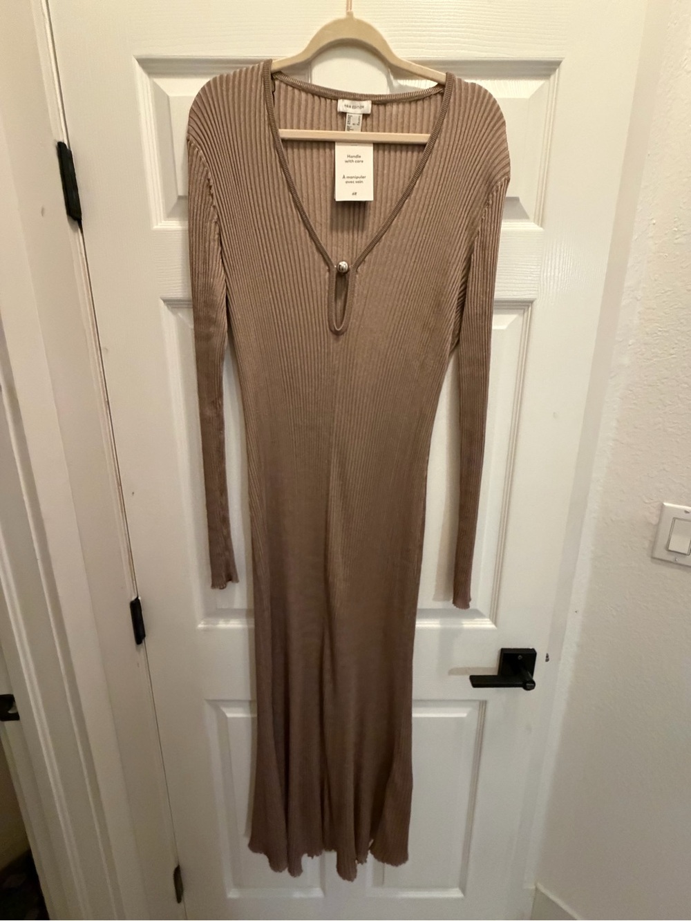 H&M Taupe Ribbed V-Neck Long Sleeve Maxi Dress
